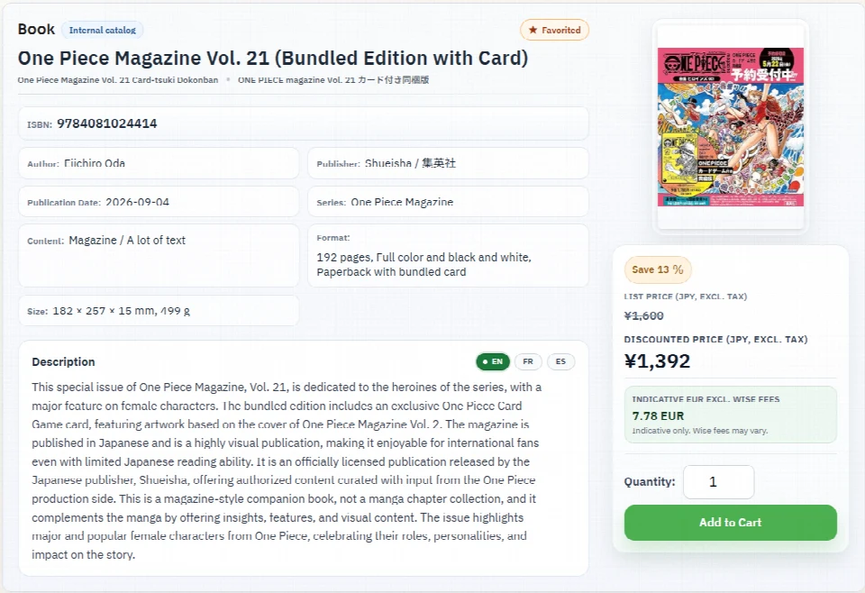 Book details with cover, ISBN, an English description, EN / FR / ES language controls, pricing and an Add to Cart button.